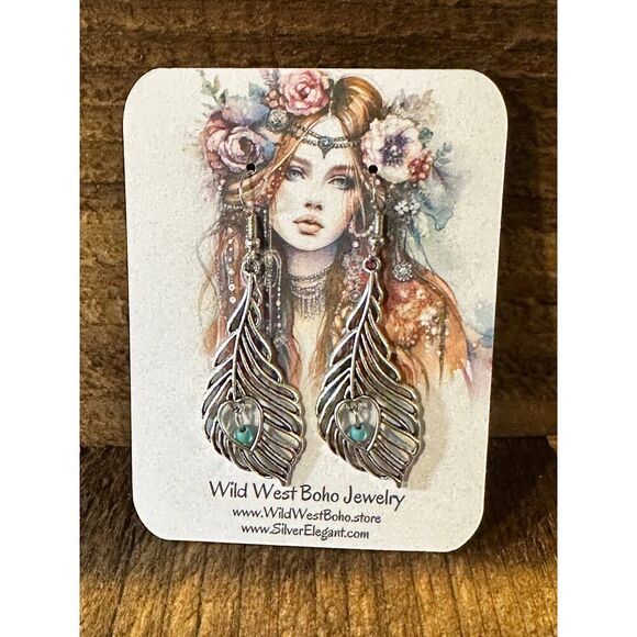 Boho Vintage Chic Southwestern Feather Dangle Wire Earrings, Silver Plated, Gif - Picture 10 of 10